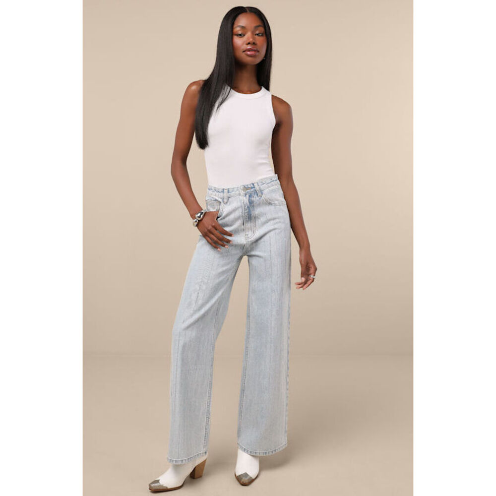 Lulus Danice Light Wash Denim Rhinestone Straight Leg Jeans Blue - Size M - Picture 4 of 9
